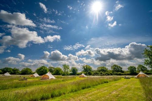 a field with tents and a sky with the sun at Red Clover at Blancas Bell Tents in Ringstead