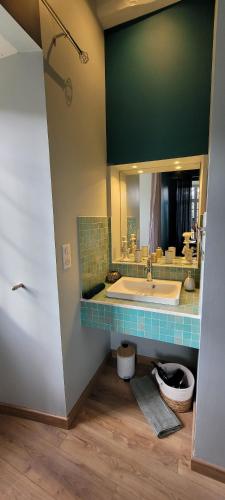 une salle de bain avec une baignoire et un grand miroir dans l'établissement Grande maison pour 8 - Tranquillité - Piscine, à Saint-Paul-la-Roche