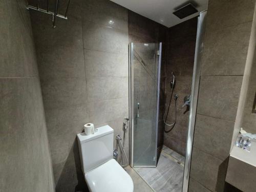 a bathroom with a shower and a toilet and a sink at Arena Hotel Goranboy in Goranboy