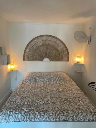 a bedroom with a large bed with a large bedspread at MARINA Belle vue avec appontement in Le Grau-du-Roi