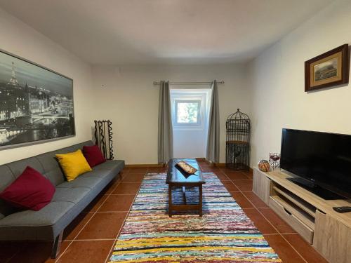 a living room with a couch and a flat screen tv at Retiro das Águas - Gerês in Terras de Bouro