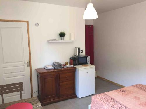 une petite cuisine avec un réfrigérateur et un micro-ondes dans l'établissement La Rainette - Chambre - Chalamont, à Chalamont
