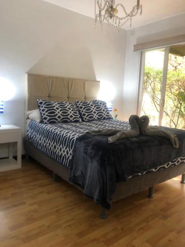a bedroom with a bed with a black and white comforter at Brisa de rio Apartamento in La Chimba