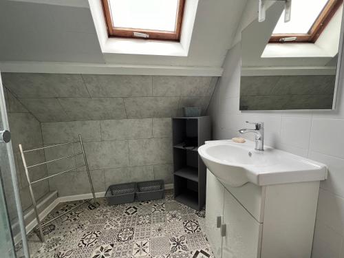 une salle de bain avec un lavabo et un miroir dans l'établissement Rigolet Maison en Ville avec Piscine Intérieure, à Contres