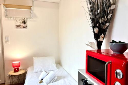 Cette petite chambre dispose d'une télévision rouge et d'un lit. dans l'établissement La Studette - Deux pas du quartier Gratte-Ciel, à Villeurbanne