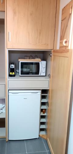 a microwave sitting on top of a refrigerator in a kitchen at Casa do Moinho Rural Retreat in Podentes