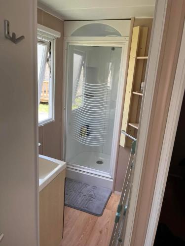 La petite salle de bains est pourvue d'une douche et d'un lavabo. dans l'établissement Mobil home, à Angles