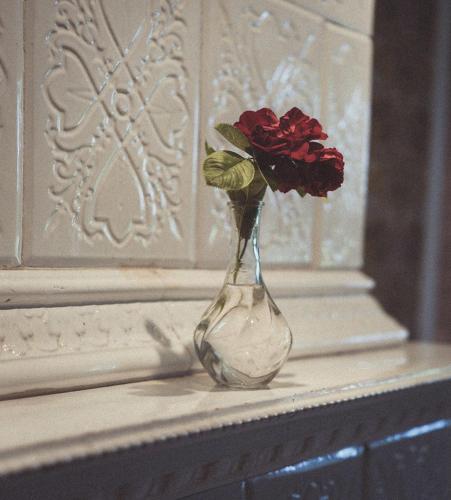 a glass vase with red roses in it on a table at Folk och Fä in Grisslehamn