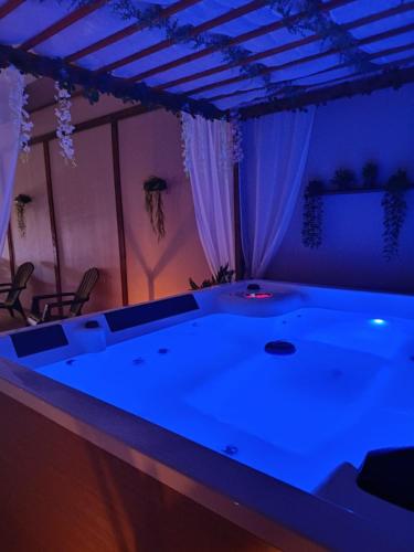 a large bath tub in a living room with blue lighting at La Grange Aux Hirondelles - Chambre familiale in Woignarue