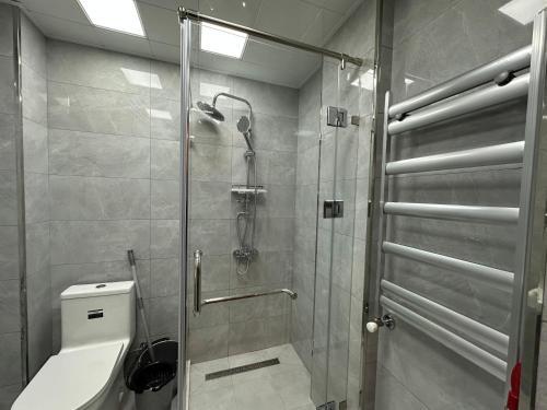 a bathroom with a shower stall and a toilet at Serenity Suites in Qusar