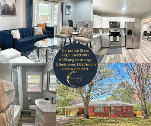 Un collage de fotos de una sala de estar y una cocina. en Family-friendly Decatur Oasis, en Decatur