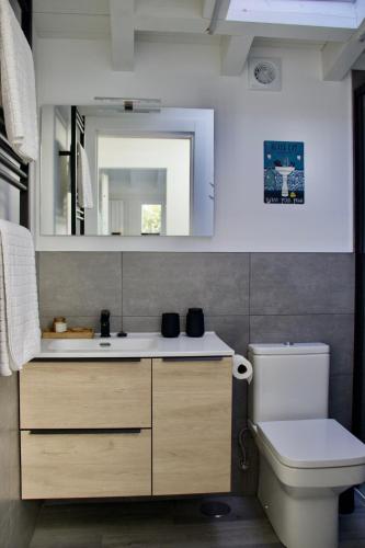 a bathroom with a toilet and a sink and a mirror at El Raitín in Ruiloba