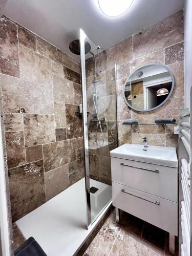 une salle de bain avec une douche, un lavabo et un miroir dans l'établissement Studio le Lagoon - Bourgoin Centre, à Bourgoin-Jallieu