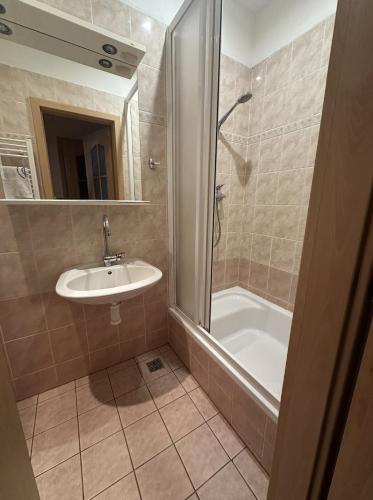 a bathroom with a tub and a sink and a shower at Penzion Dubík in Dubí
