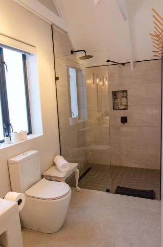 a bathroom with a toilet and a shower at Bella La Vita Beachfront Villa in Velddrif