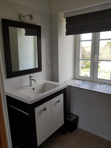 La salle de bains est pourvue d'un lavabo, d'un miroir et de 2 fenêtres. dans l'établissement Maison Tirlibibi, à Lingreville