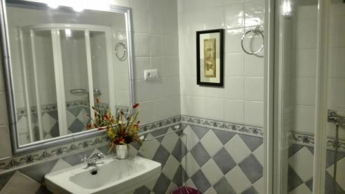 a bathroom with a sink and a mirror at La Casa Madrona-Completa in Villacastín