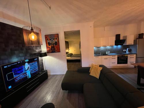 Una sala de estar con un sofá y un televisor de pantalla plana. en Meyver Ferienwohnung, en Cochem