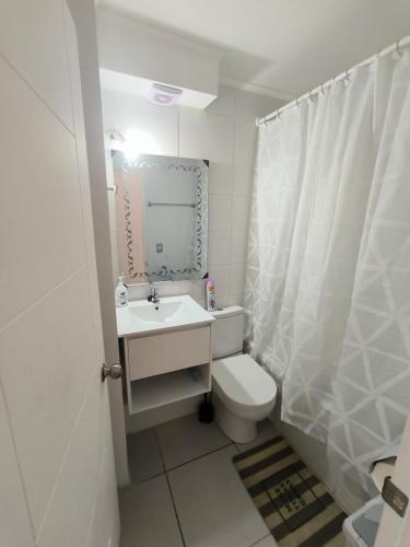 ein Badezimmer mit Toilette, Waschbecken und Spiegel in der Unterkunft Depto Estudio con hermosa vista al mar in Valparaíso