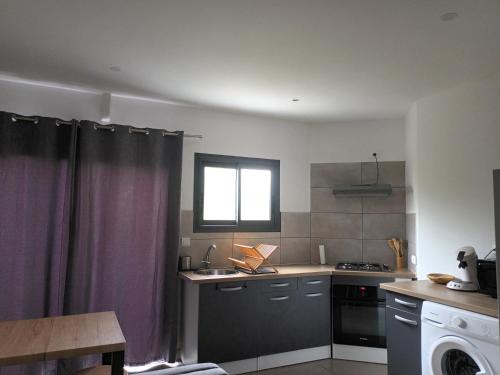 een keuken met een paars gordijn en een gootsteen bij Appartement st leu Vill'Alizoé in Entre-Deux