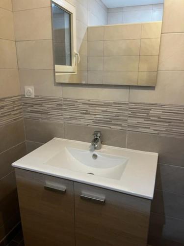une salle de bain avec un lavabo blanc et un miroir dans l'établissement Charming new independent apartment in a quiet area, à Saint-Pardoux-la-Rivière