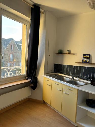 une cuisine avec un évier et une fenêtre dans l'établissement La Malouine, à 100m de la plage, à Saint-Malo