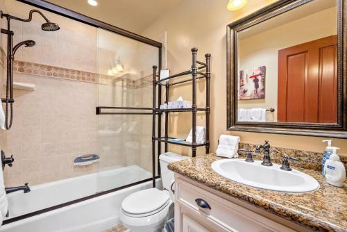 a bathroom with a sink and a toilet and a mirror at Lewis Loft in Paso Robles