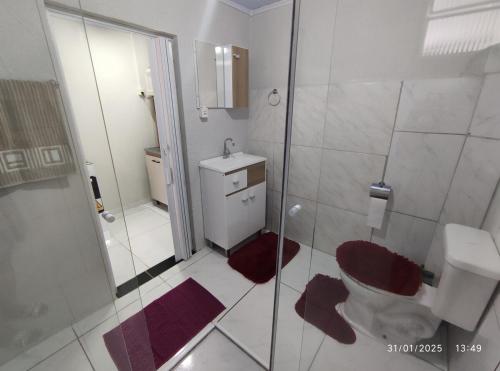 a bathroom with a toilet and a shower and a sink at Casa térrea, aos pés do Cristo! in Encantado