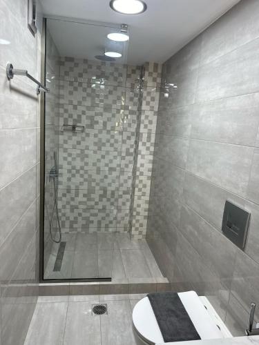 a bathroom with a shower with a toilet and a sink at Cozy luxury apartment in Perea