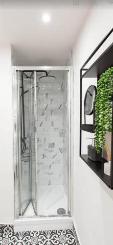 a shower in a bathroom with a stone wall at Tourist board certified Super city centre apartment with free parking in Belfast