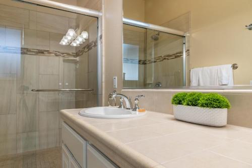 a bathroom with a sink and a shower at Ritz Del Rio in Paso Robles