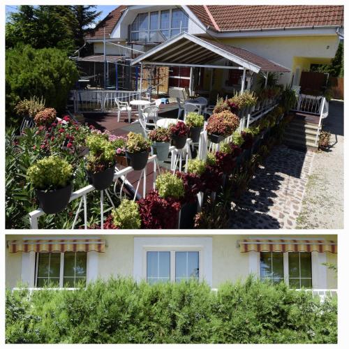 two pictures of a house with flowers and plants at Árpi-Ria Üdülőház in Balatonfüred