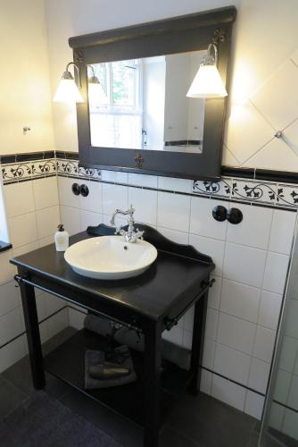 a bathroom with a sink and a mirror at Ferienhaus AM ALTEN HAFEN HOOKSIEL in Wangerland