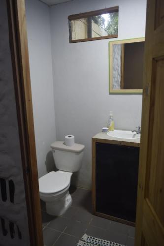 a bathroom with a toilet and a sink and a mirror at Cabinas carol in Pavones