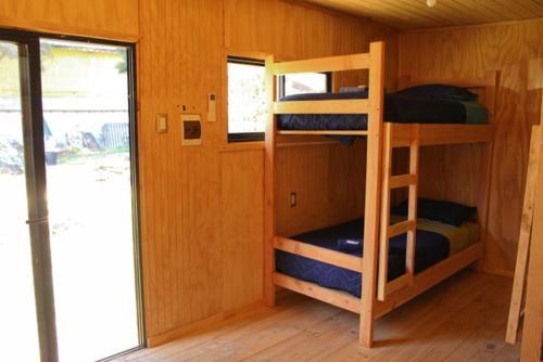 Zimmer mit Etagenbetten in einer Holzhütte in der Unterkunft EXIT Tiny House in Pucón
