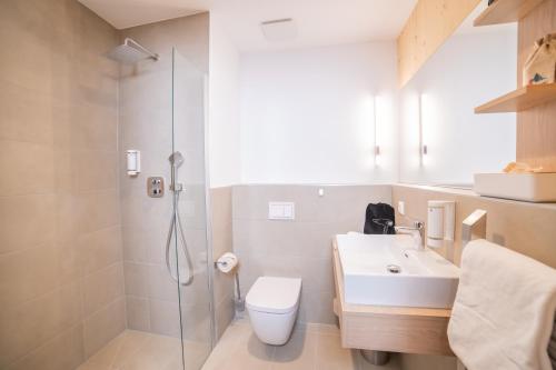 a bathroom with a shower and a toilet and a sink at Summit of Saxony Resort Oberwiesenthal in Kurort Oberwiesenthal