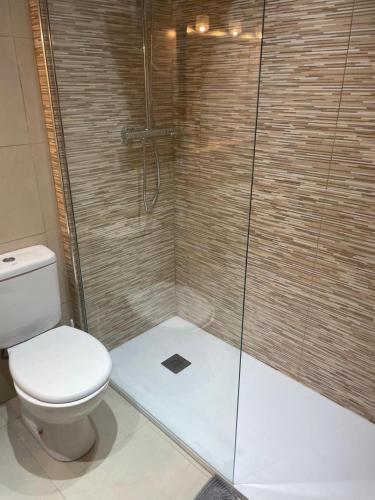 a bathroom with a toilet and a shower at Casa Bella Murcia in Roldán