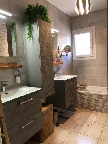 une salle de bain avec un lavabo et une baignoire dans l'établissement Villa avec piscine dans les oliviers, à Belgentier