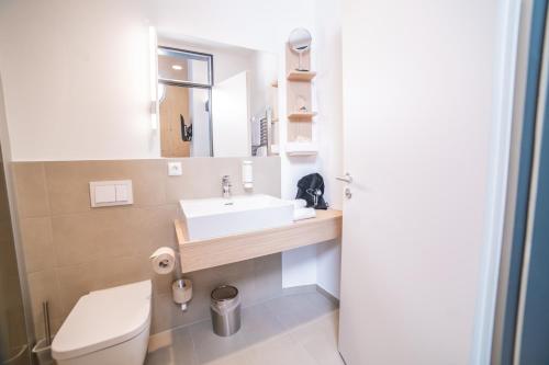 a bathroom with a white sink and a toilet at Summit of Saxony Resort Oberwiesenthal in Kurort Oberwiesenthal