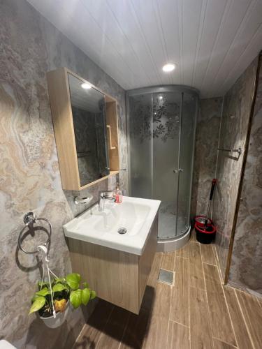 a bathroom with a sink and a shower at الباحة دومز Al baha Domes in Al Baha