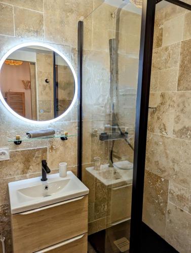 a bathroom with a sink and a shower with a mirror at Studio le Cosy - Bourgoin Centre in Bourgoin