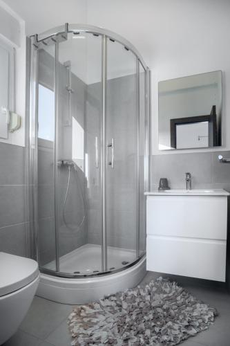 a bathroom with a shower and a toilet and a sink at Dukat in Nin