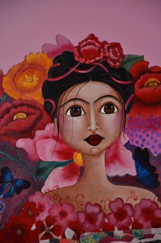 a painting of a woman with flowers and butterflies at Chambres d'Hôtes & SPA Le Chat Chez Qui j'Habite in Saint-Aubin-sur-Mer