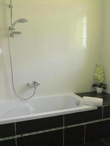 a bath tub in a bathroom with a shower at Le Refuge du Paradis in Orpierre