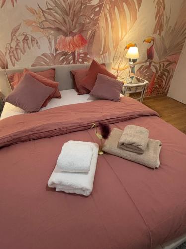 Una cama rosa grande con dos toallas. en Art&Heart - Centre historique, en Béziers