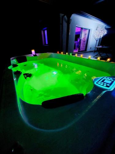 une piscine verte avec télécommande au milieu dans l'établissement Mini VILLA Coup de Coeur avec Jacuzzi et Sauna Clim Jardin clos et parking sur place, à Ychoux