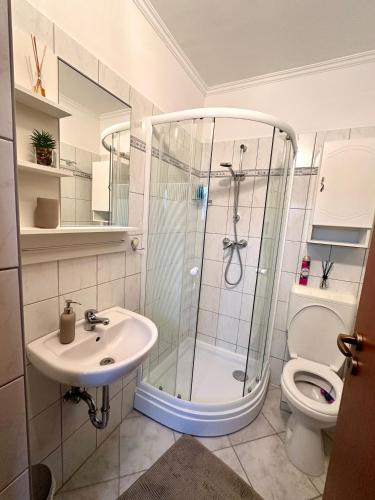 a bathroom with a shower and a sink and a toilet at Cozy Loft Siófok in Siófok