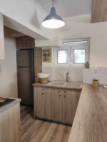 a kitchen with a sink and a refrigerator at Kate's in Plomarion
