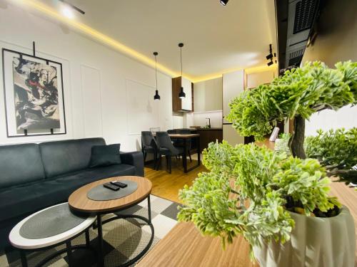 a living room with a couch and a table with potted plants at Magnet 48 Zlatibor in Zlatibor