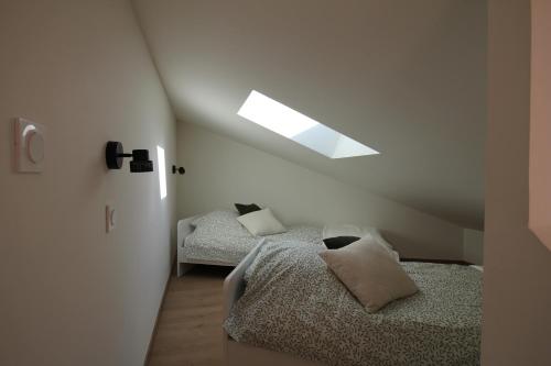 Schlafzimmer im Dachgeschoss mit 2 Betten und einem Dachfenster in der Unterkunft La Maison de Louise in Aulnay-sous-Bois